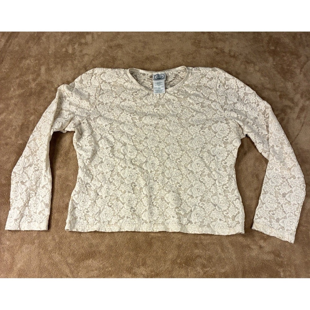 VTG Laura Ashley Womens L Floral Lace Long Sleeve Top Cream Sheer Angelic Style